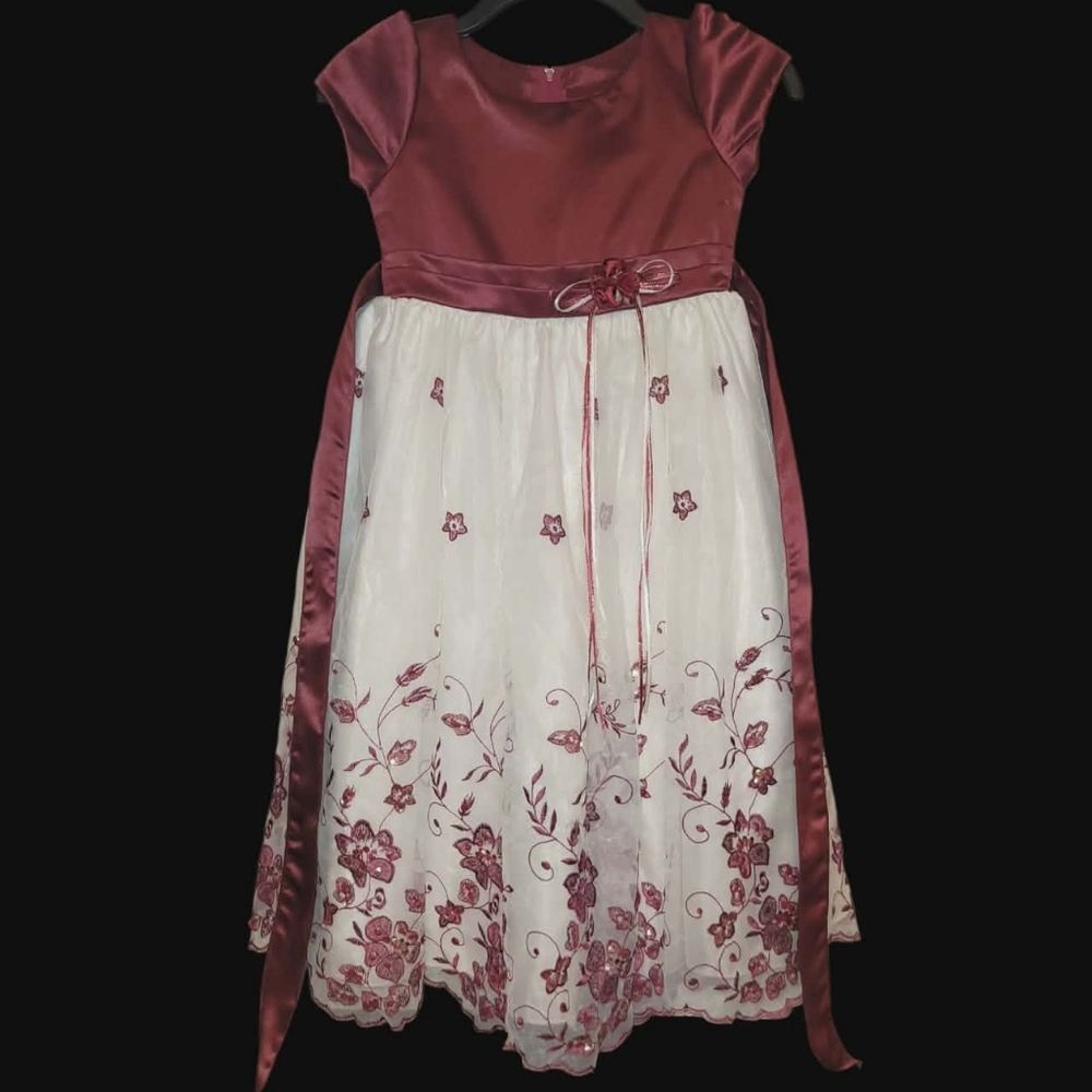 Vintage Melody Kids Party Princess Dress Maroon & Ivory Embroidered Girls 7/8